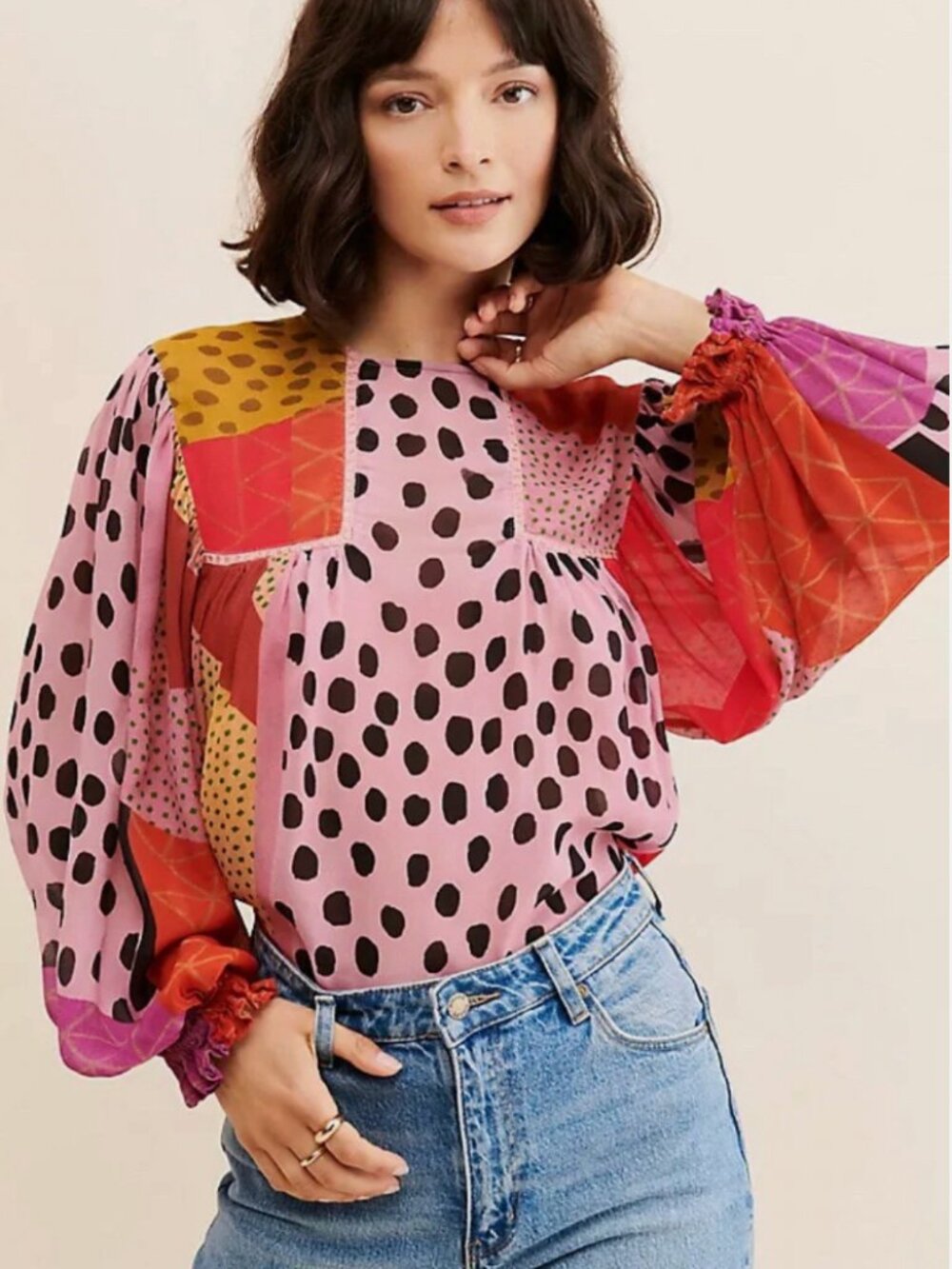 Bl^nk Anthropologie Miranda Eclectic Patchwork Polka Dot Peasant Top Petite L